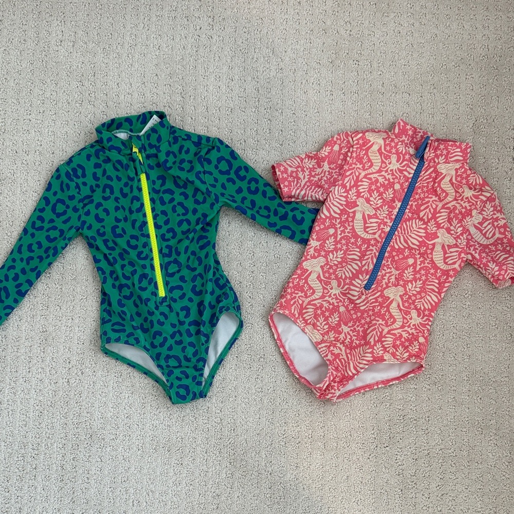 Mini Biden Swimsuits - Green Leopard long sleeve & Pink Seahorse short sleeve